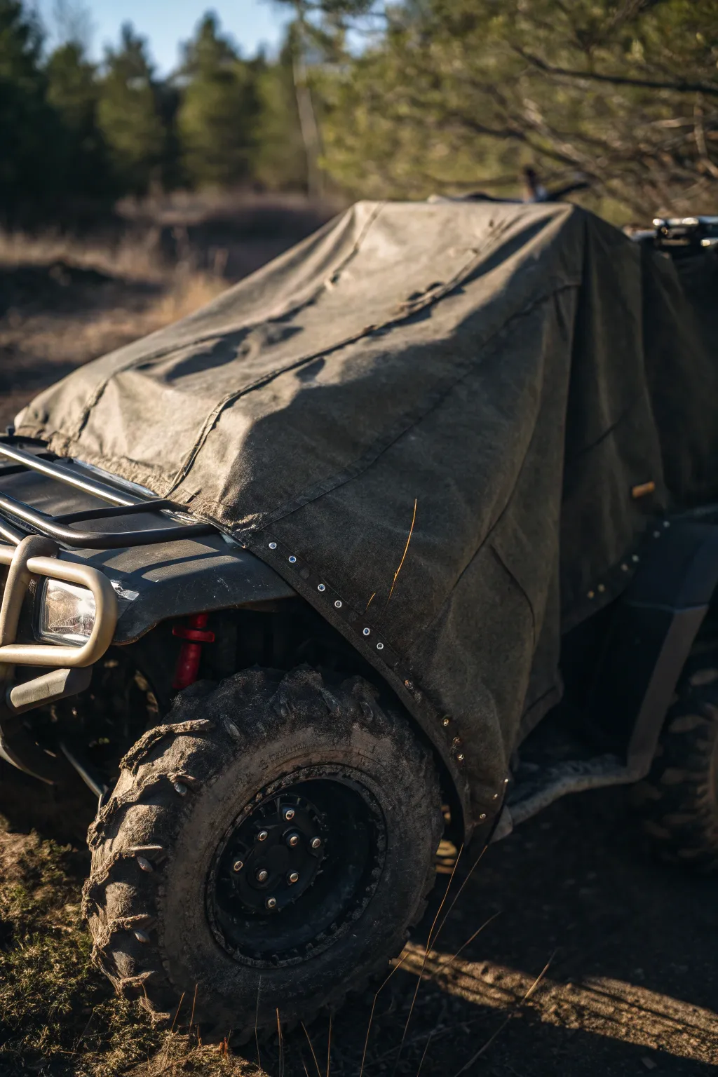 Crafted for the elements: A trusty tarp shelters your ride from unexpected weather.