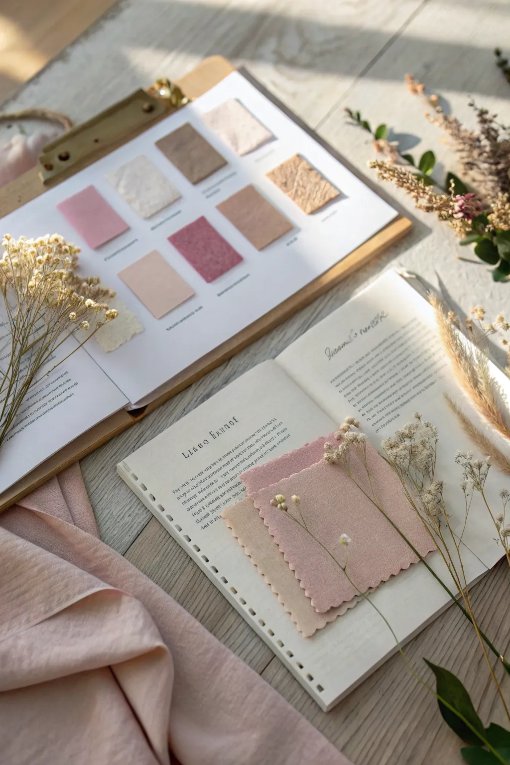 Capture the essence of your special day with a beautifully curated mood board that evokes memories through textures and tones.