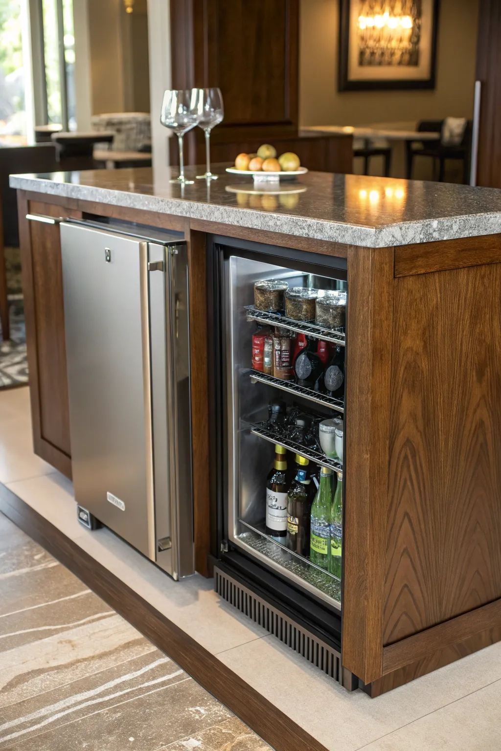 Discover the art of hidden luxury: A seamlessly integrated mini fridge for the ultimate summer gathering.