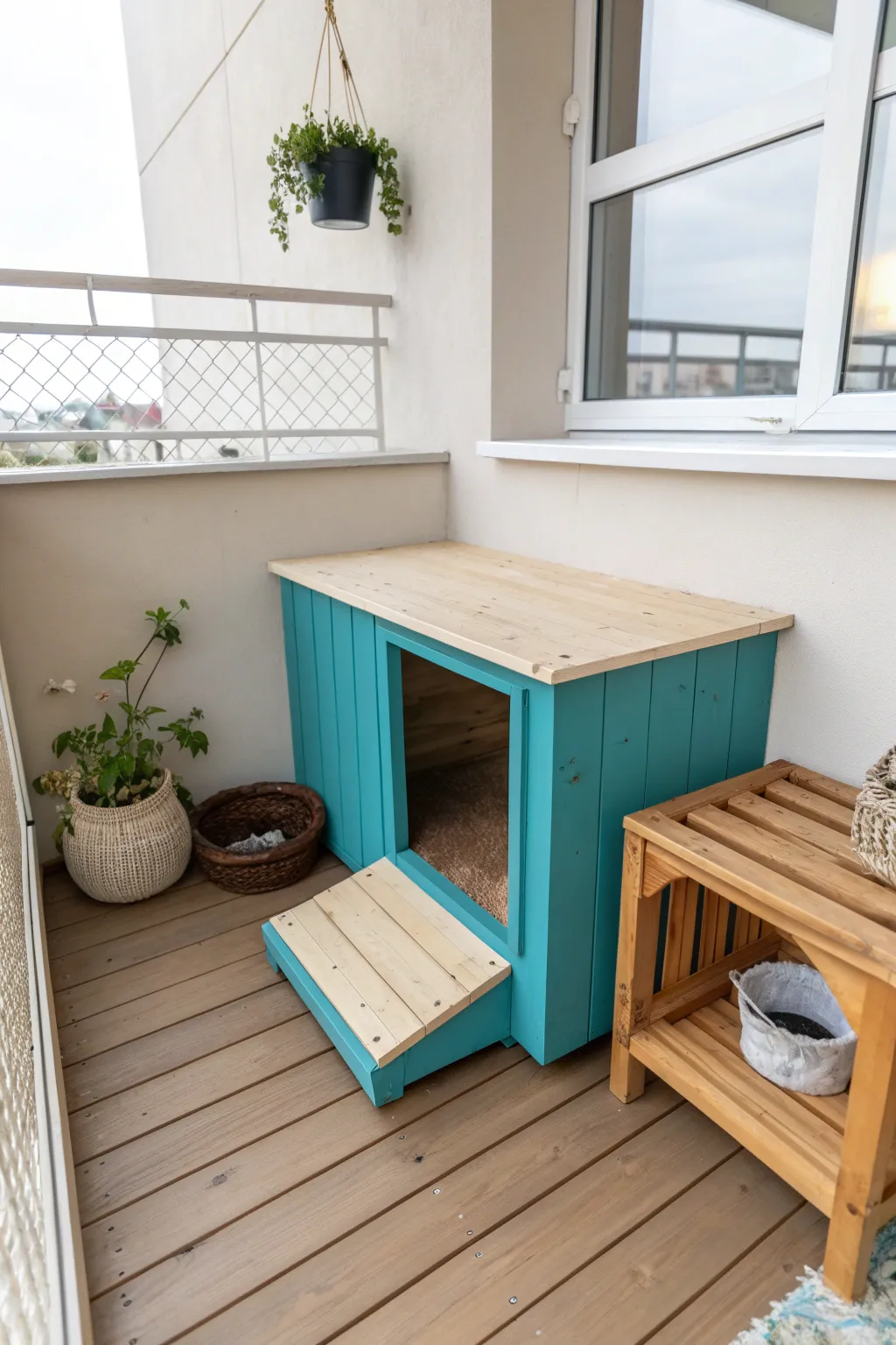 Brighten your balcony with a vibrant and chic dog potty area that combines Scandinavian simplicity with a Boho touch. 🐾✨