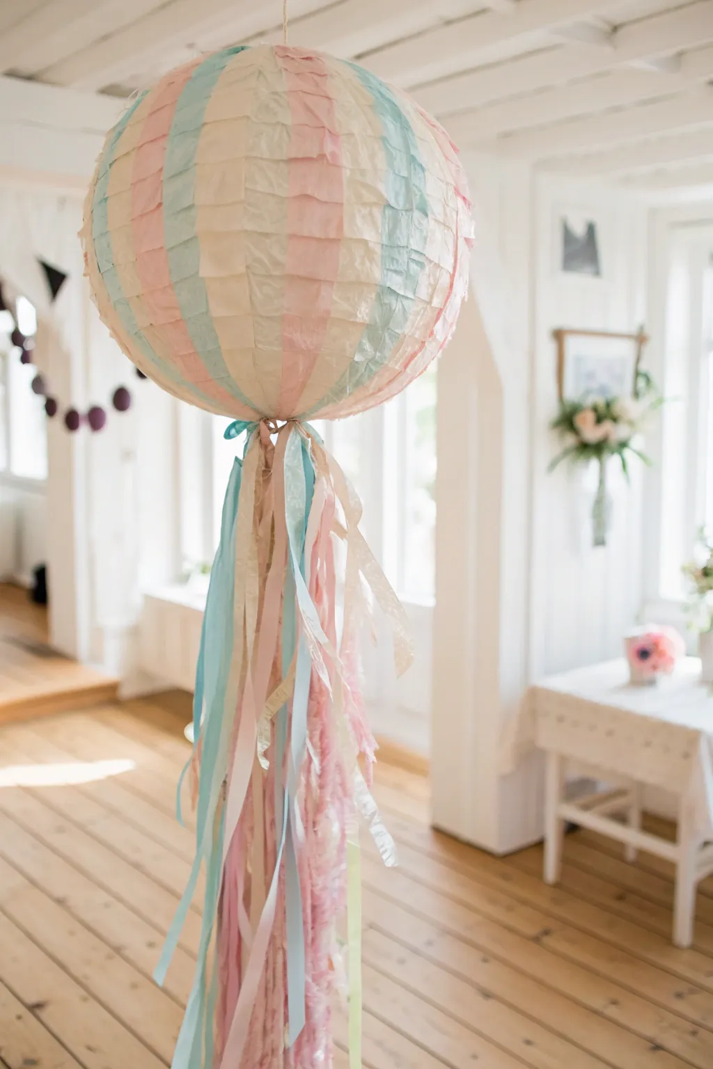 Transform your celebrations with a touch of minimalist charm using crepe paper streamers on a balloon pinata. 🎈✨ #ScandiBoho #PartyDecor