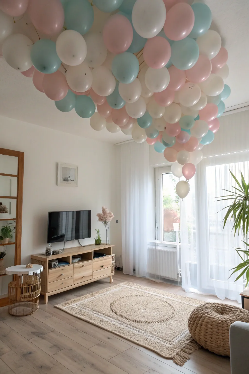 Elevate your celebration with a stunning balloon drop ceiling that blends Scandinavian simplicity with boho charm!