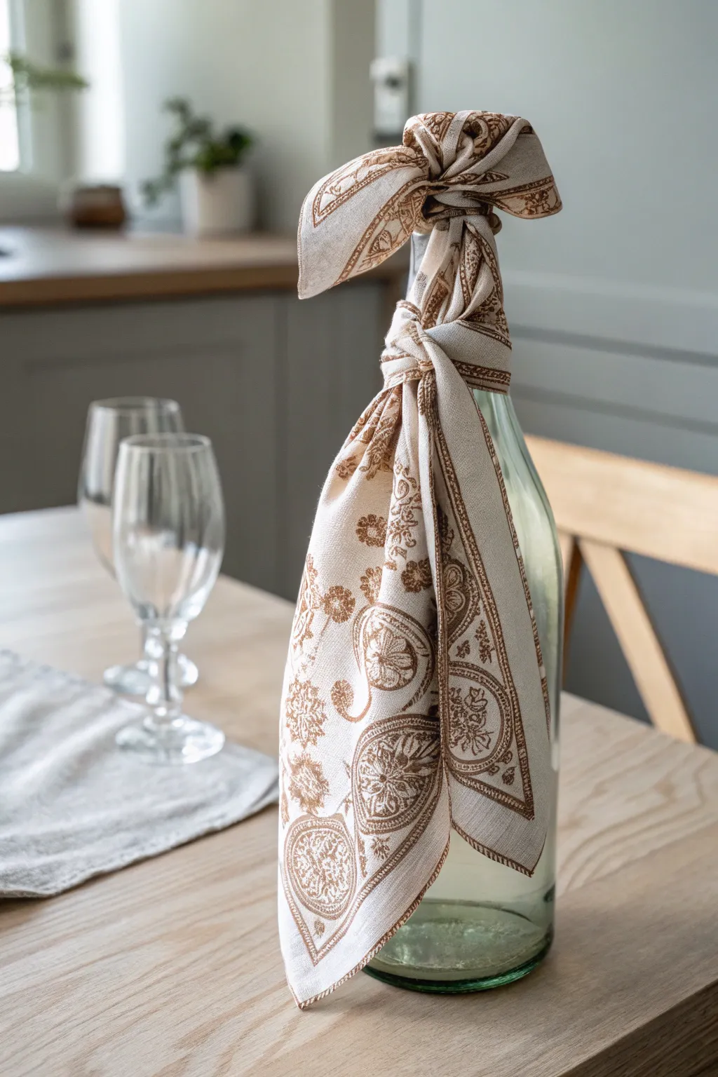 Transform your kitchen with a chic bandana bottle cover, where simplicity meets style.
