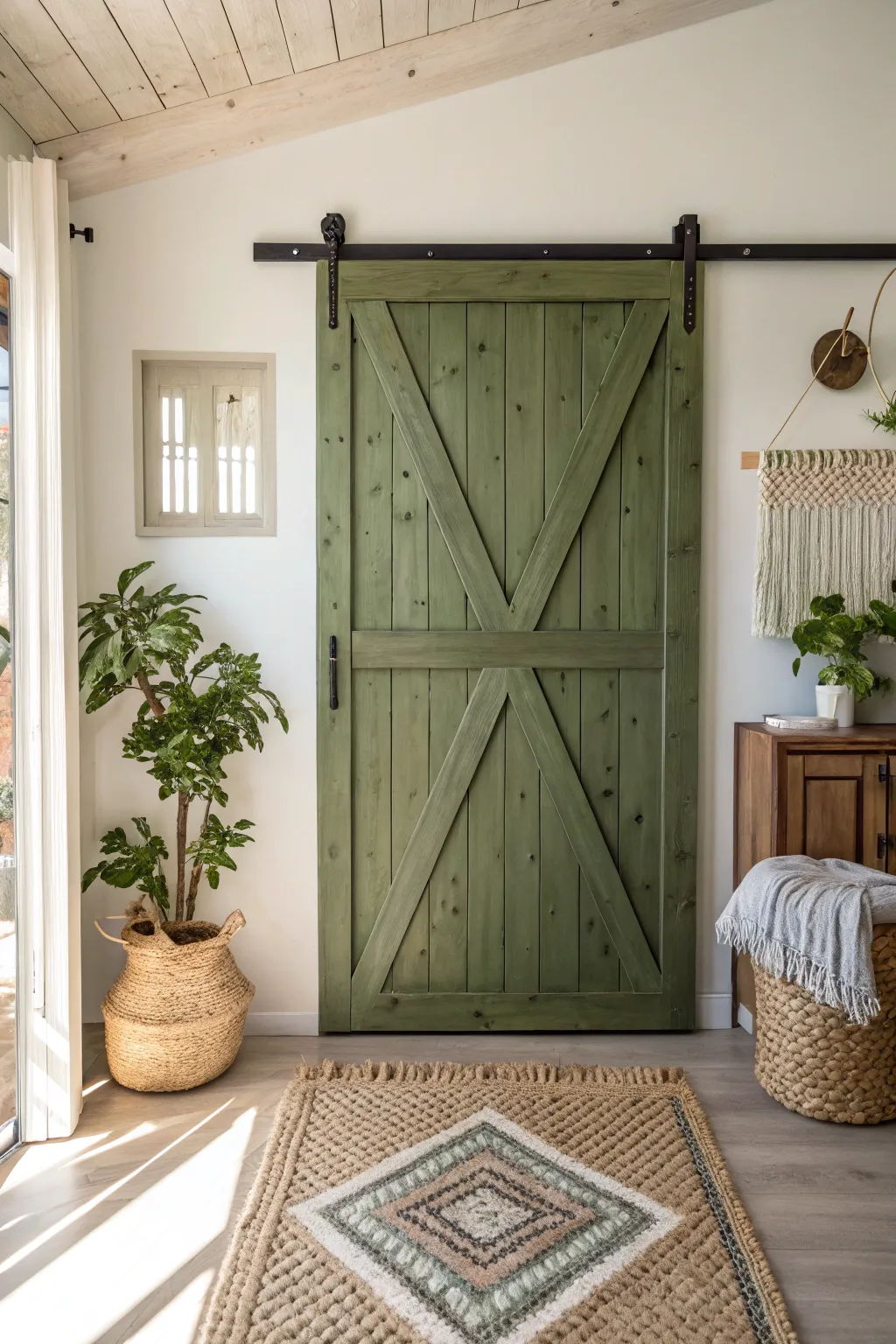 Embrace nature indoors with an earthy olive green barn door, perfect for a serene and stylish minimalist space.