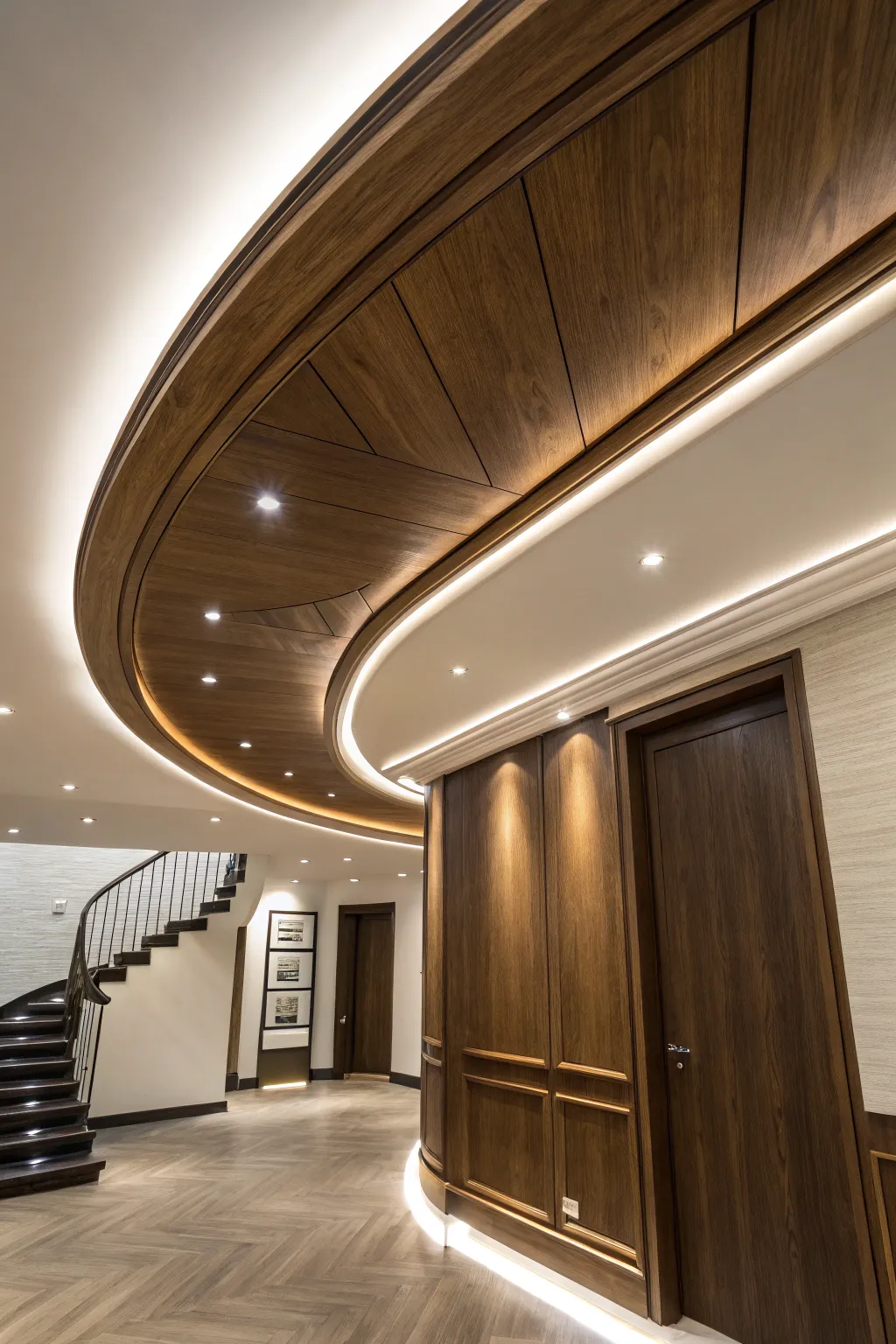 Embrace the curve: Redefining basement elegance with sophisticated craftsmanship.