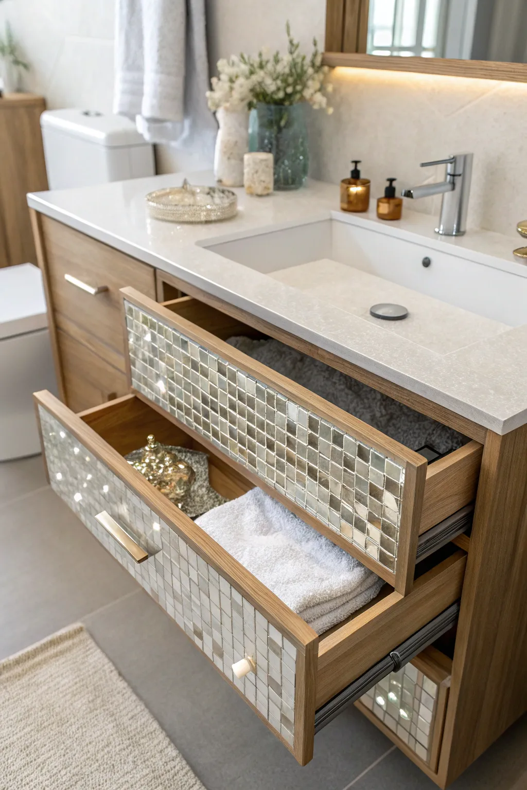 Elevate your bathroom storage with the chic elegance of mirror tile drawer liners.