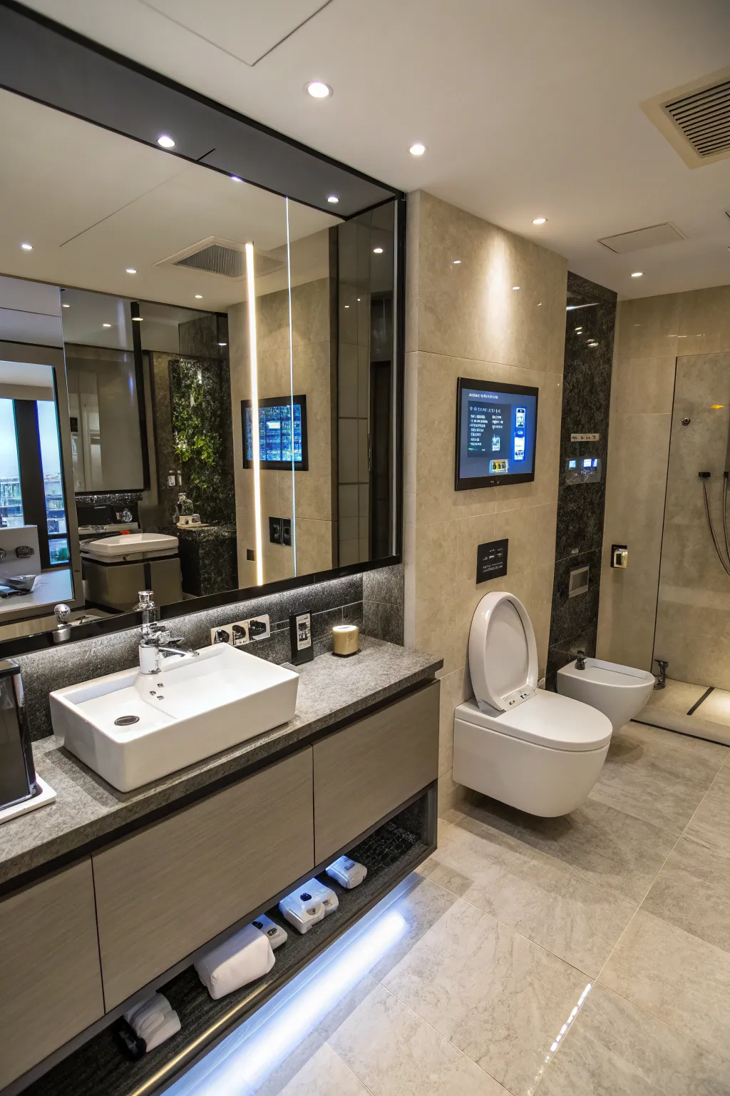 Futuristic bathroom with smart technology.