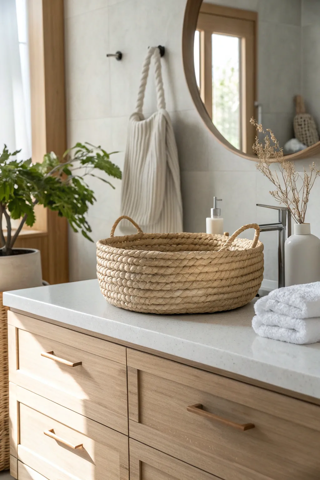 Elevate your bathroom with the warmth of woven textures. #ScandinavianChic #TexturePlay