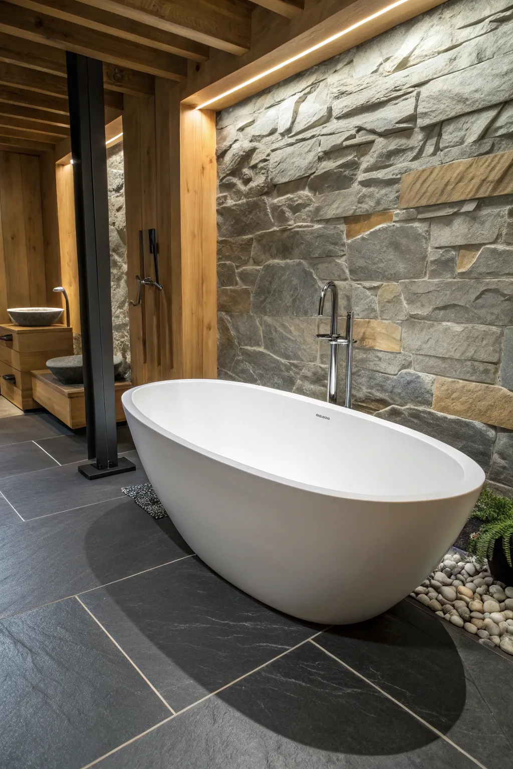Elevate your bathroom with a uniquely shaped tub that blends comfort and modern design.
