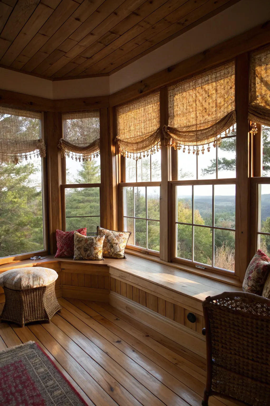 Rustic woven valances in a cozy cabin setting.