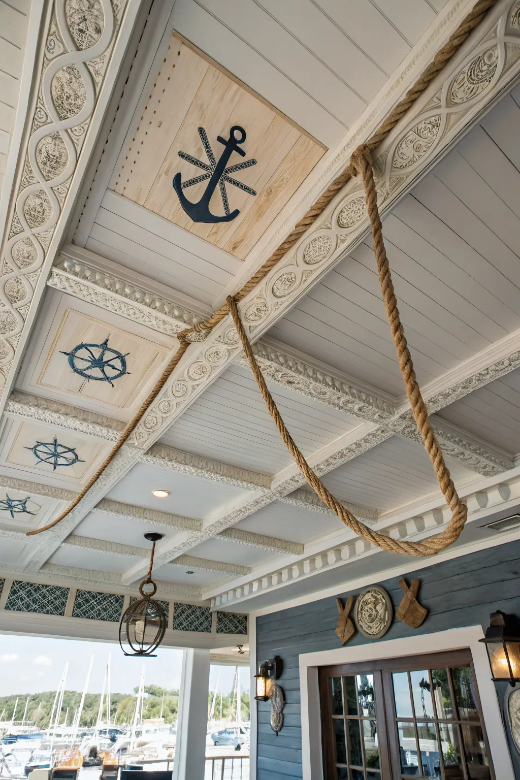 Nautical details subtly enhance the coastal theme.