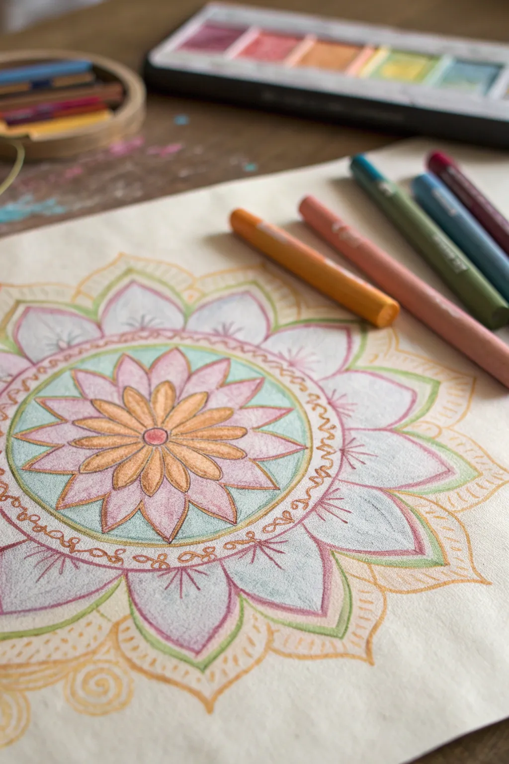 Discover tranquility with crayon mandalas — where simplicity meets artistic warmth.