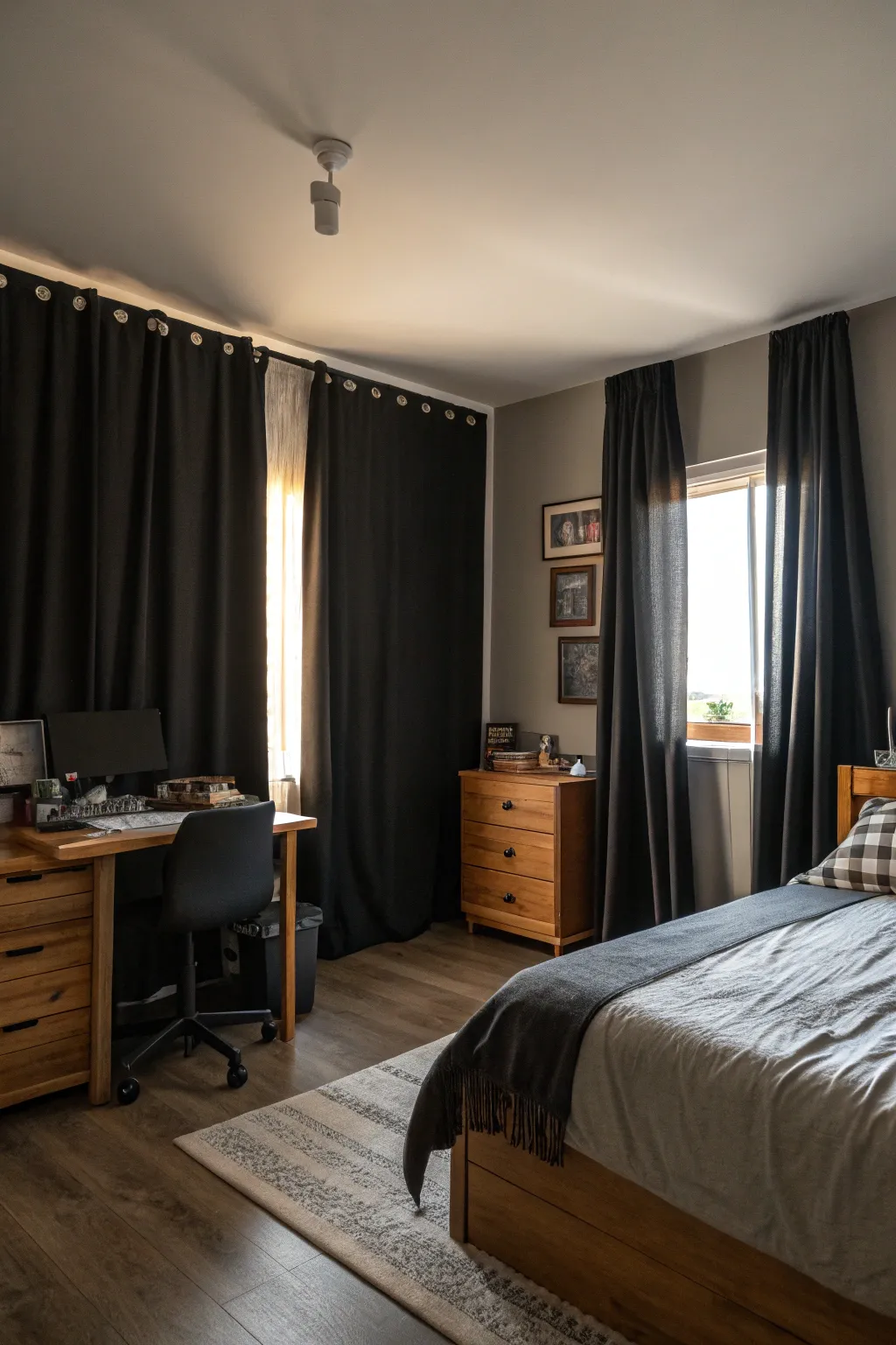 A practical layout enhancing the space with black curtains.