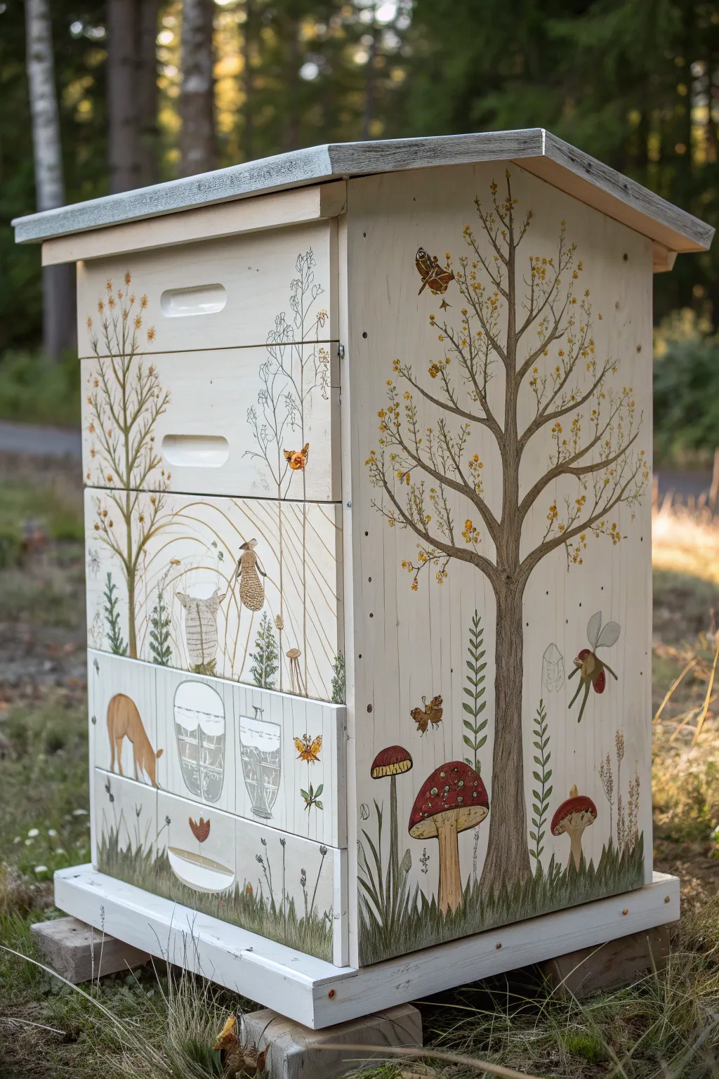 Transport your garden into a world of enchantment with this mystical forest beehive design.
