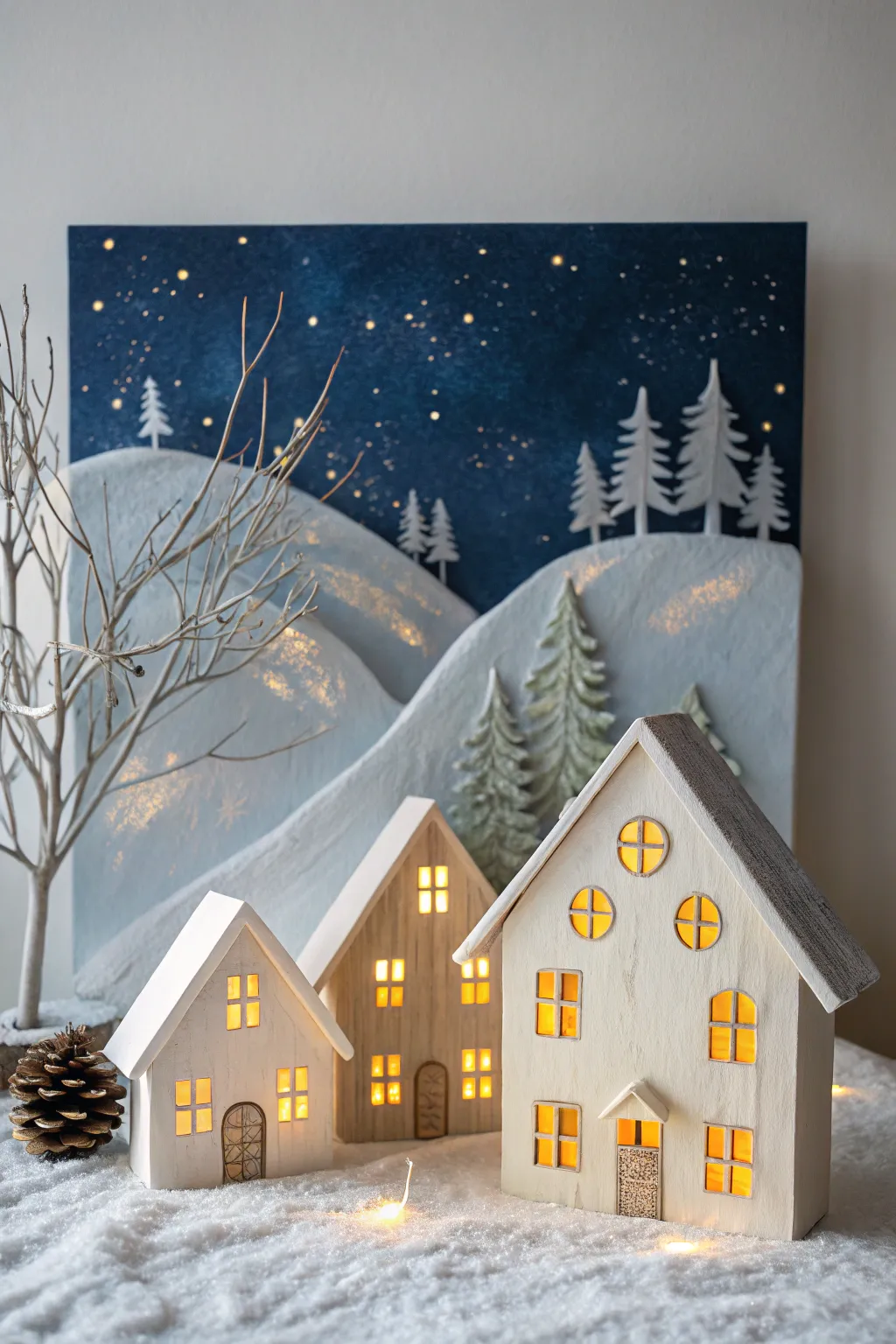 Embrace the serene beauty of a snowy village nightscape, where simplicity meets cozy charm.