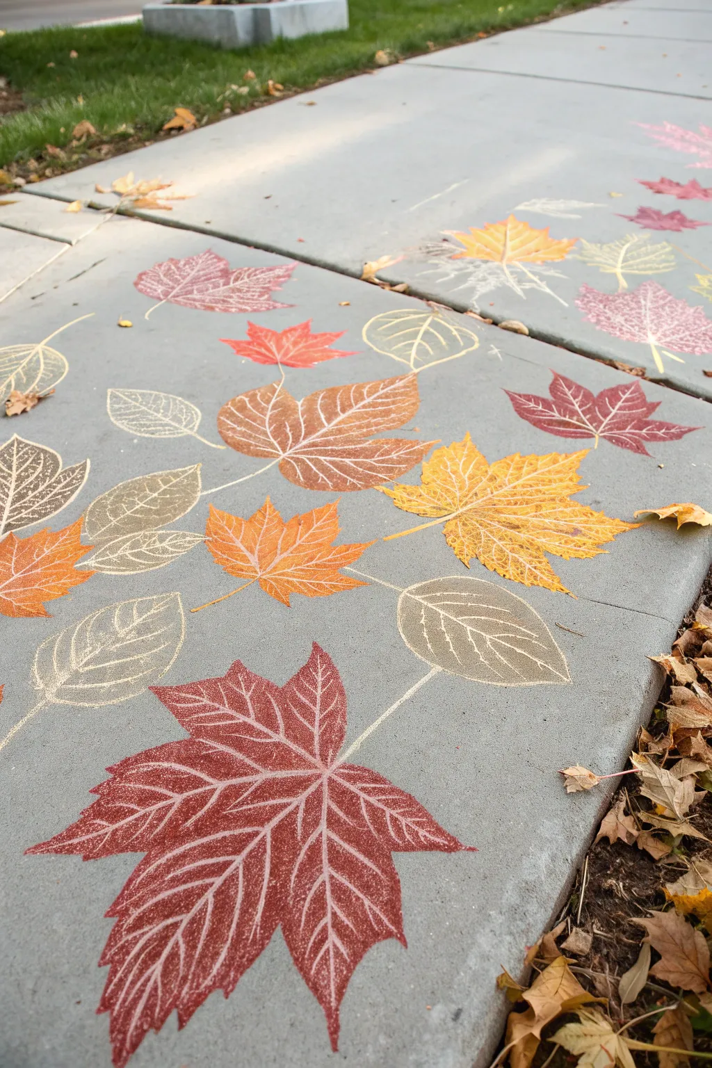 Embrace the changing seasons with stunning sidewalk art – simplicity meets nature in every stroke. 🍂✨