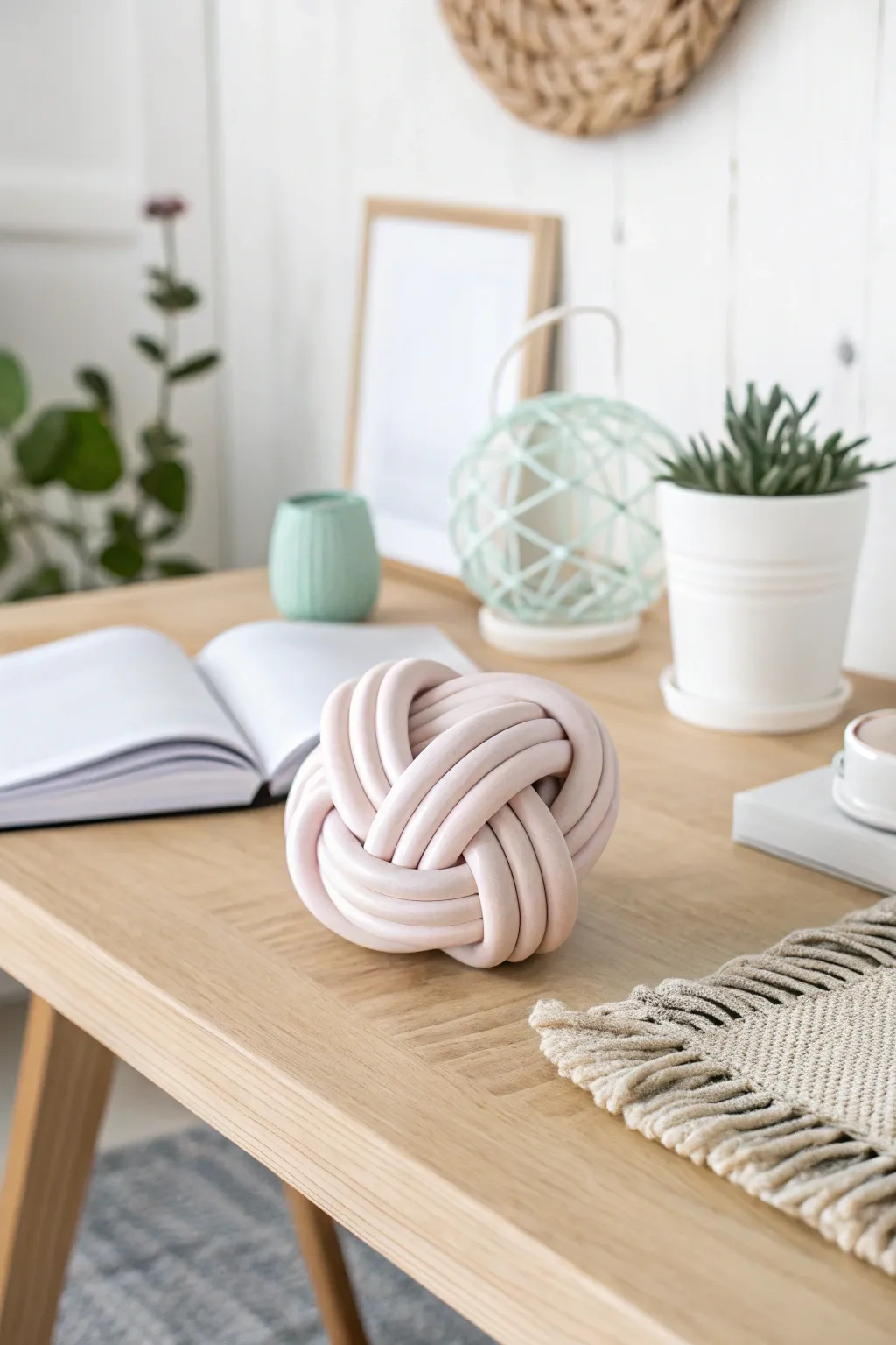 Elevate your desk decor with this chic polymer clay knot paperweight - a perfect blend of elegance and functionality.