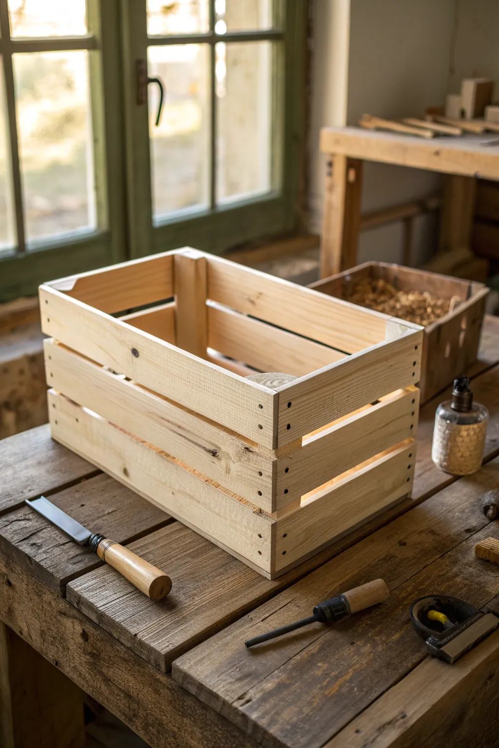 Elevate your workshop with the rustic charm of a handcrafted wooden pallet crate, perfect for stylish storage and showcasing your craftsmanship.