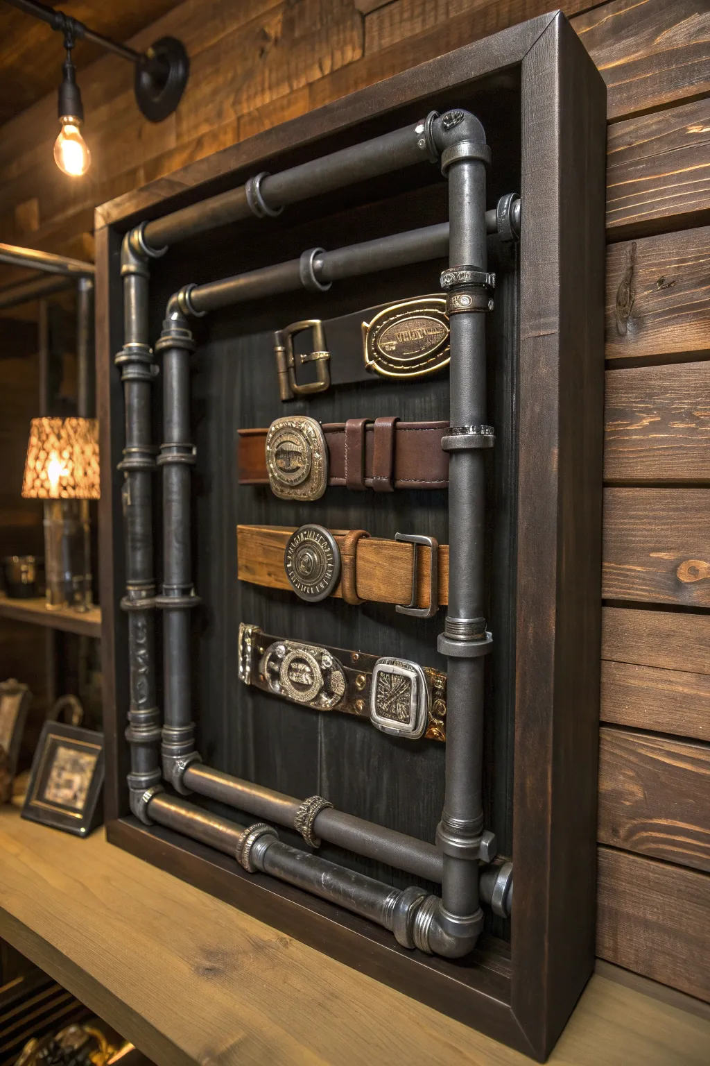 Showcase your style with a steampunk-inspired belt buckle display.