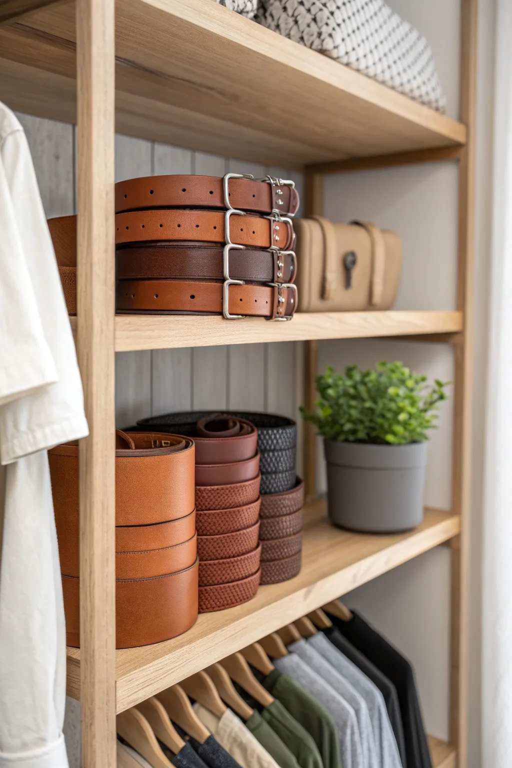 Elevate your closet with stylish organization. Discover the elegance of a minimalist belt arrangement.