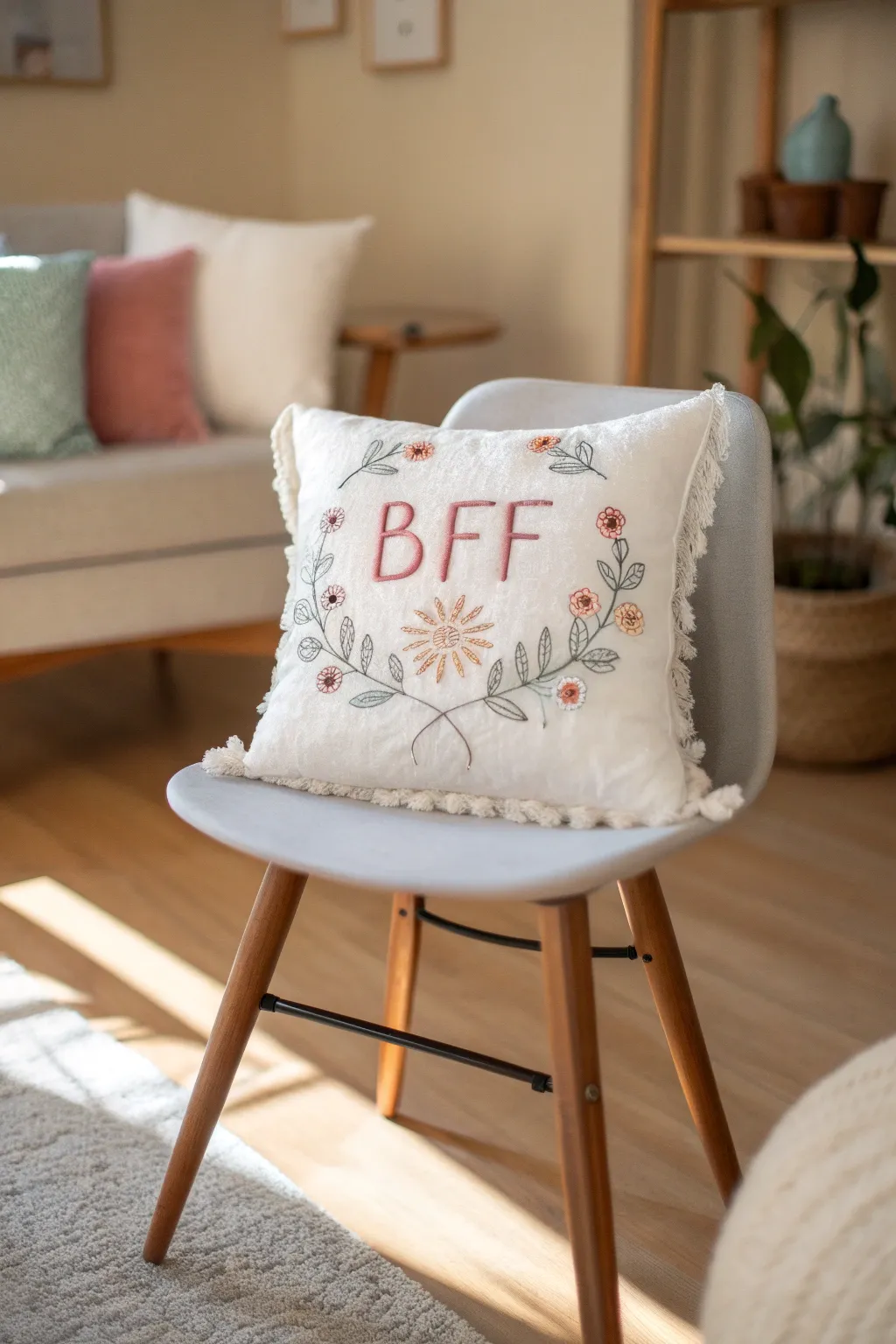 Crafted with love: This embroidered friendship pillow is a cozy reminder of cherished bonds.