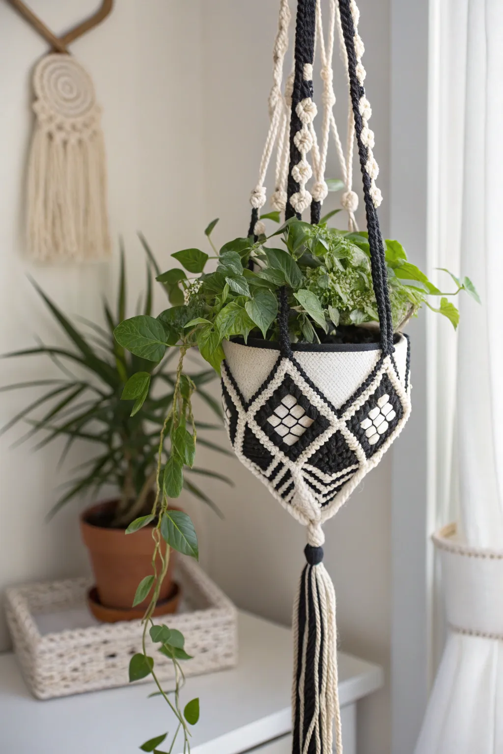 Elevate your greenery with a touch of monochrome elegance. 🌿🖤🤍 #MinimalistBoho #CrochetArt