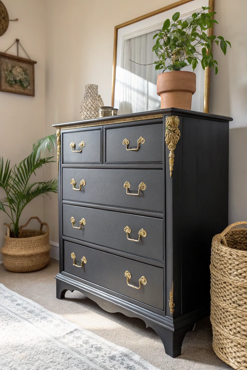 Elevate your space with the luxurious blend of matte black and glamorous gold accents. #ChalkPaintTransformation