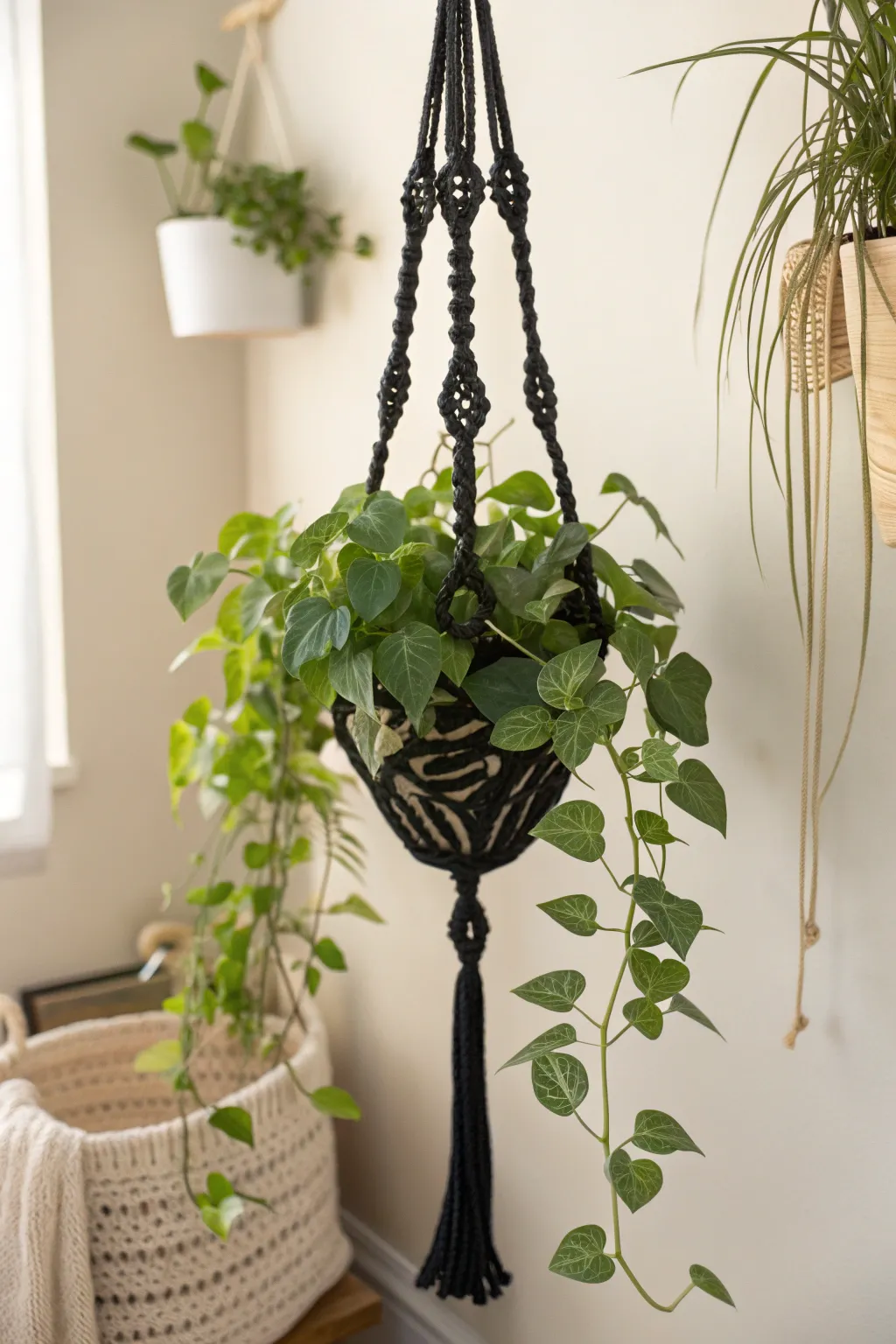 Elevate your indoor oasis with a touch of boho elegance using a chic black crochet plant hanger.