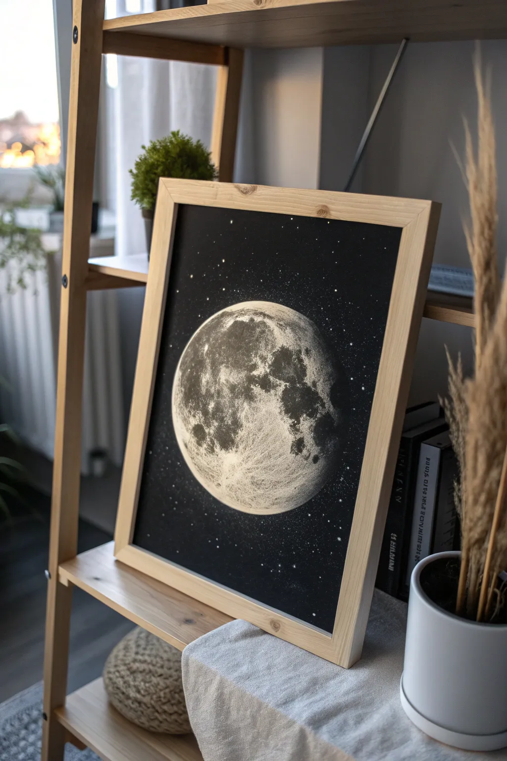 Step into serenity with this moonlit masterpiece, where minimalism meets the enchanting beauty of the cosmos.
