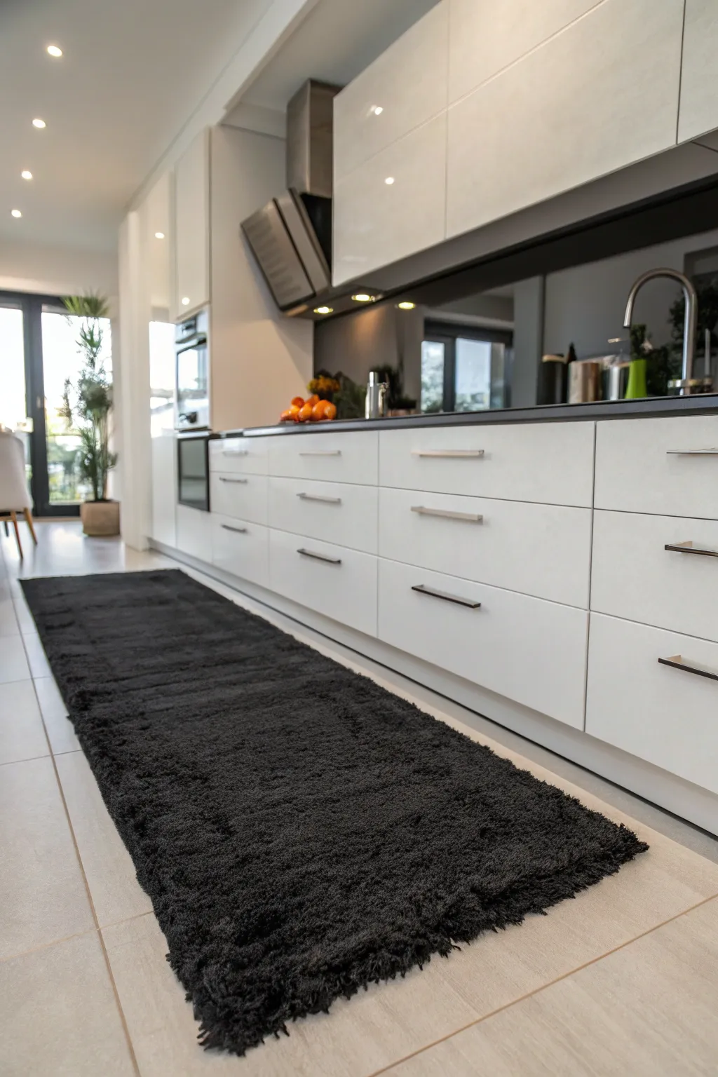 A black rug in the kitchen adds unexpected style and sophistication.