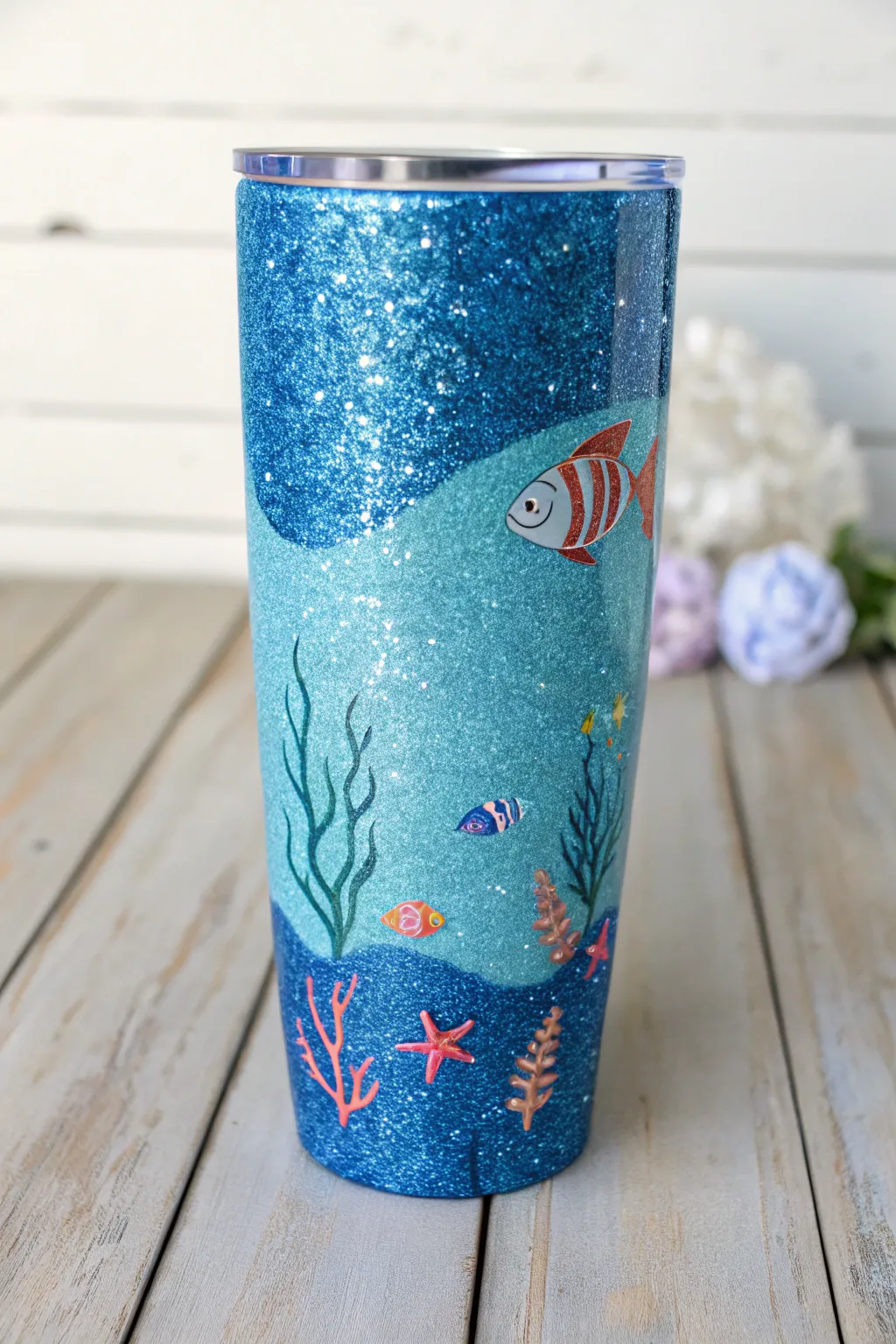 Dive into your day with this enchanting blue glitter tumbler – a sip of the ocean's beauty!