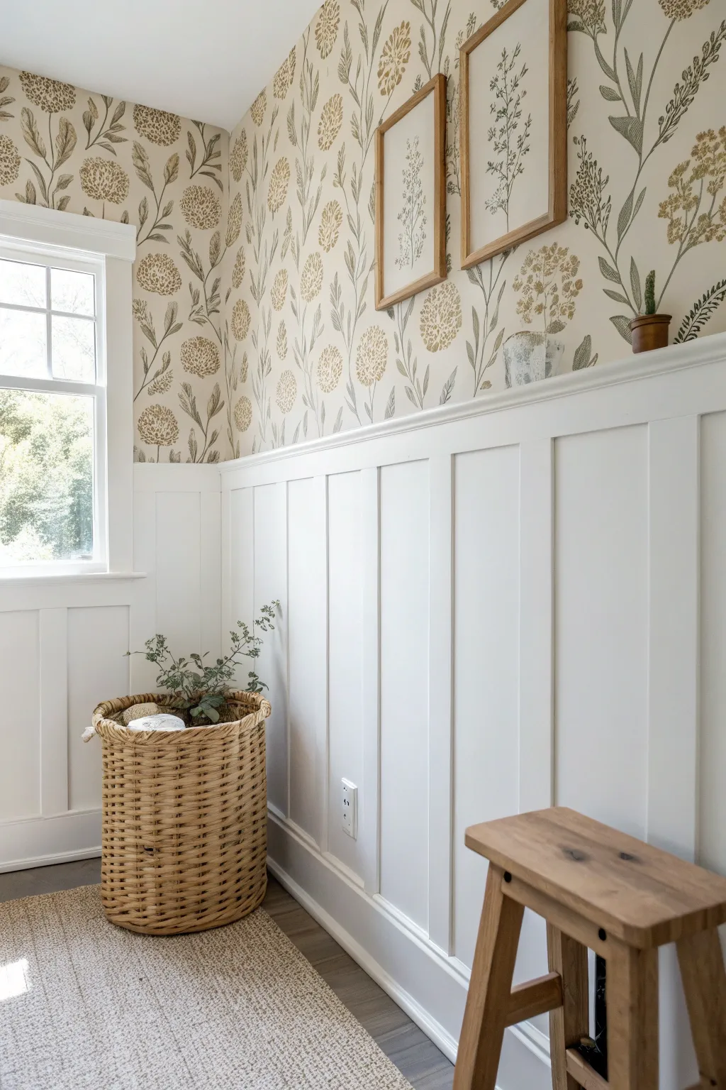 Elevate your bathroom with a textured top half—embrace the charm of patterned wallpaper above board and batten for a minimalist yet boho-inspired look.