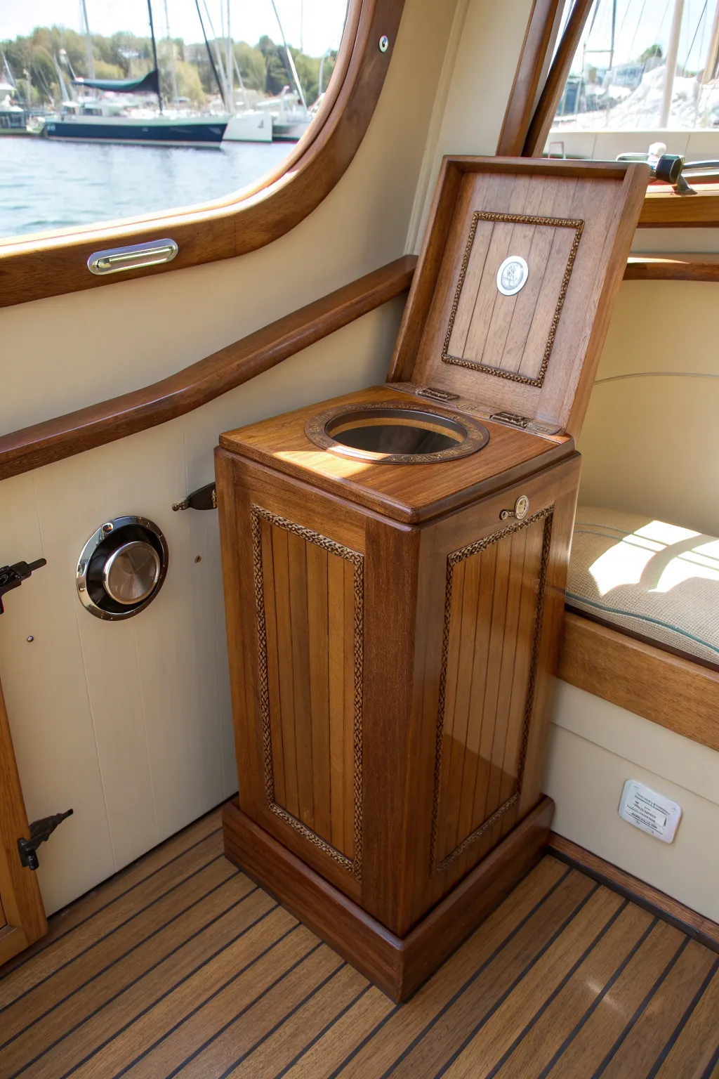 Elegance in tight spaces: Handcrafted compact trash bin for your boat's style and functionality.