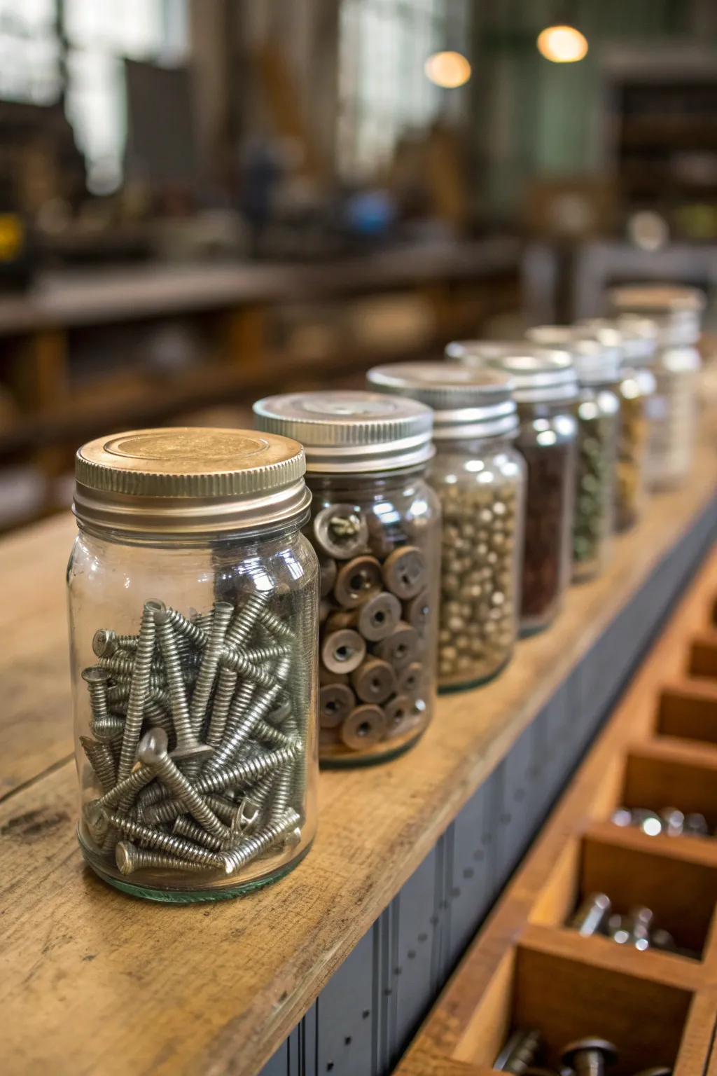 Elevate your workspace with vintage charm: Glass jars for bolt storage.