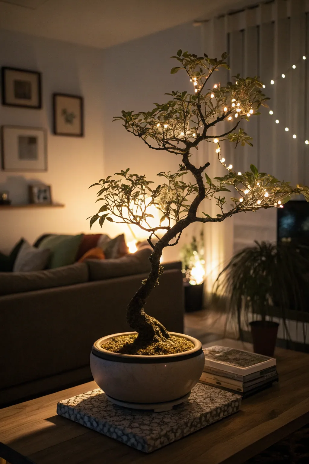 Bonsai with LED lighting creating a magical nighttime ambiance