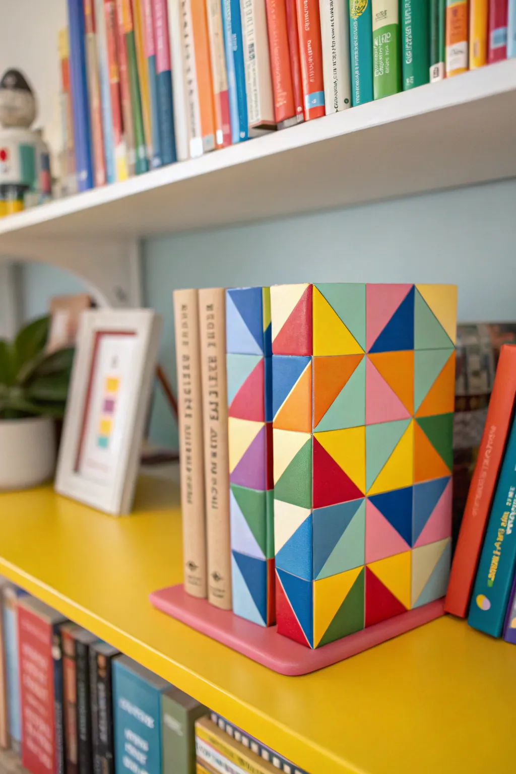 Add a pop of color with pattern block bookends.