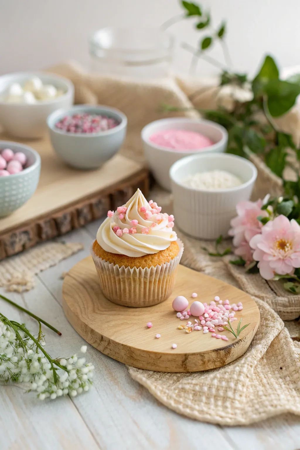 Unleash your creativity at this chic cupcake decorating station, where simplicity meets elegance.