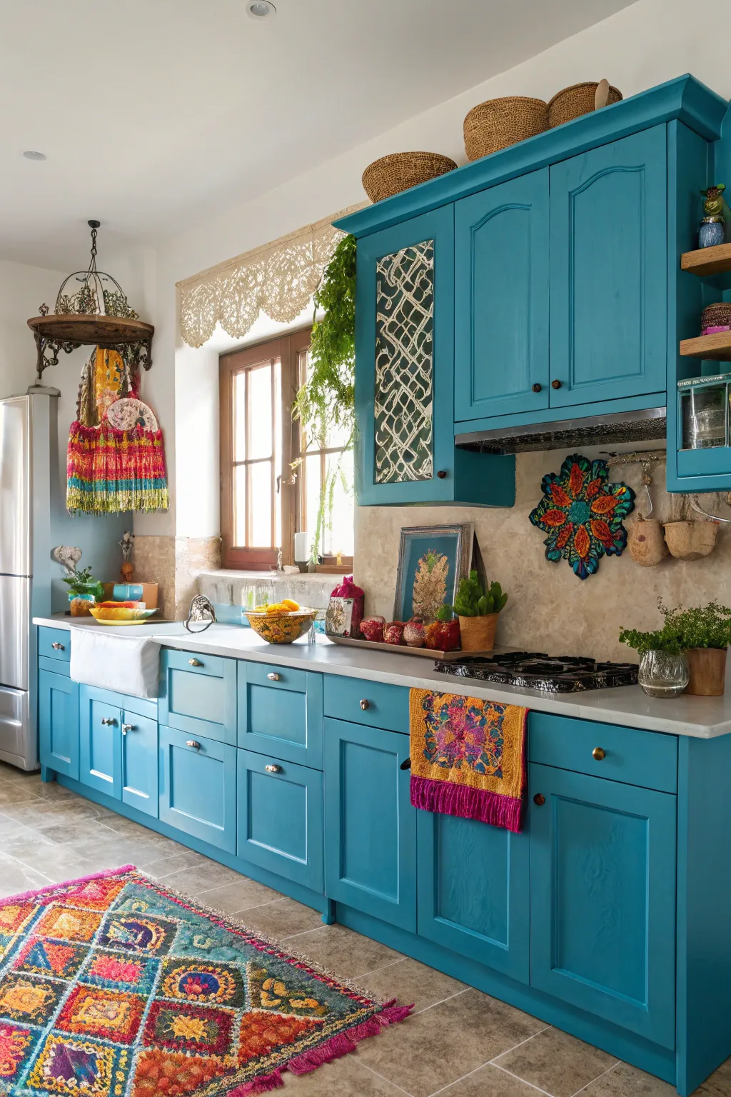 Bright blue cabinets transform this kitchen into a vibrant heart of the home.