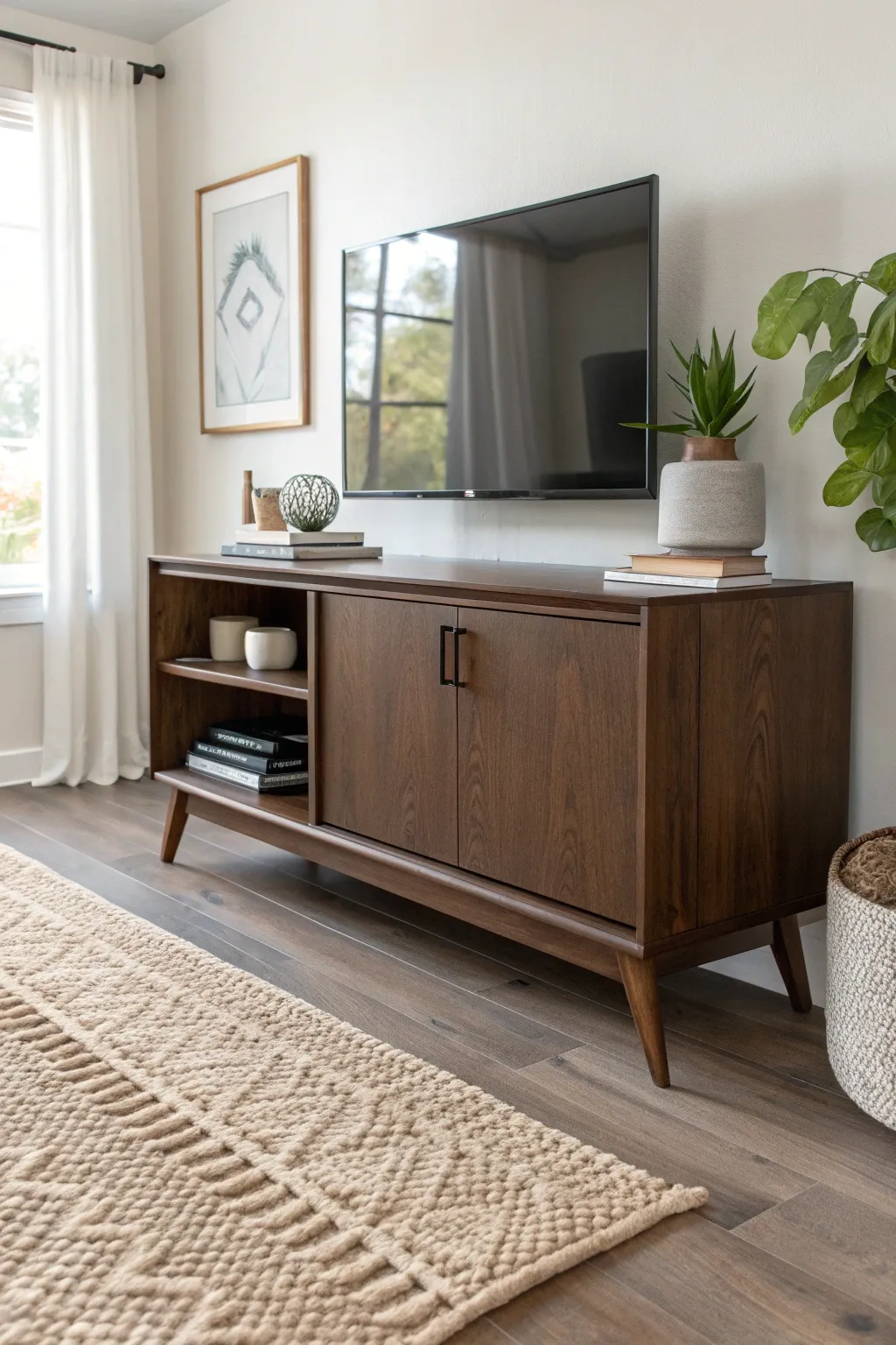 Elevate your living space with a sleek, dark brown media console that blends Scandinavian simplicity with boho charm.