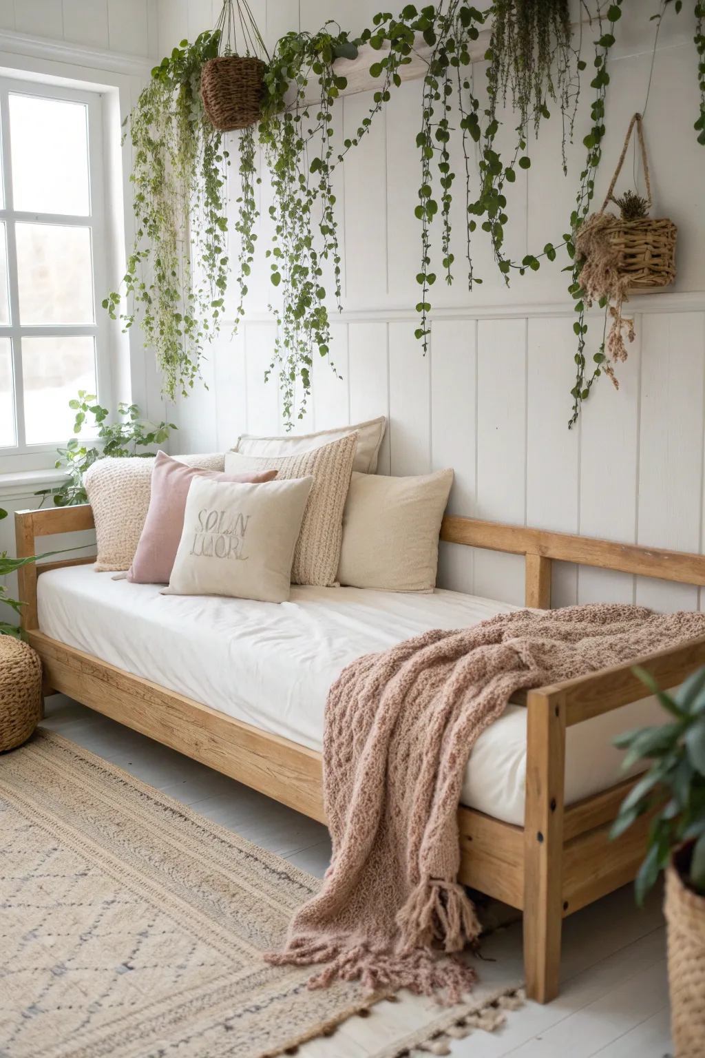 Discover the charm of a lofted daybed nook—where simplicity meets whimsy in a cozy retreat.