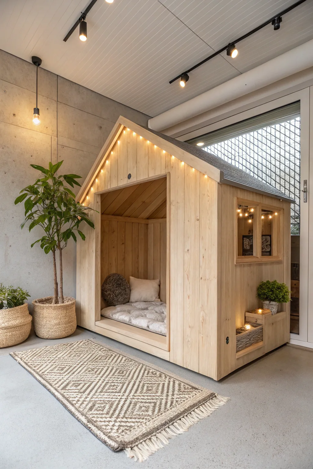 Create a serene sanctuary for your furry friend with this minimalist garage kennel design.