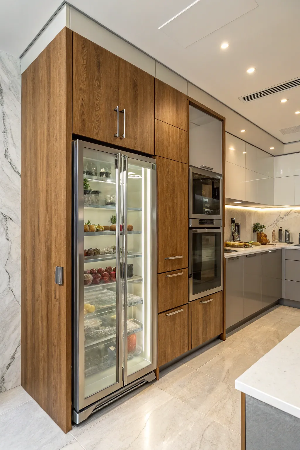A mix of materials around the built-in fridge adds texture and visual interest.
