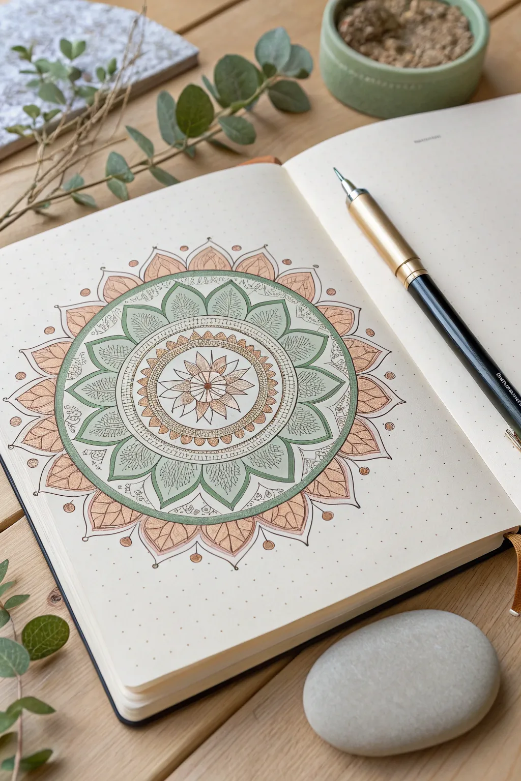 Start your journaling journey with the serene elegance of a hand-drawn mandala.