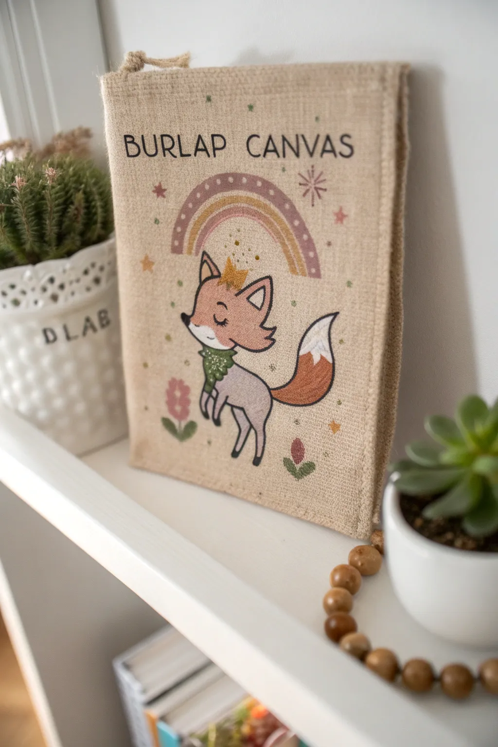 Transform your space with whimsical storybook characters on burlap — a touch of magic for your minimalist decor.