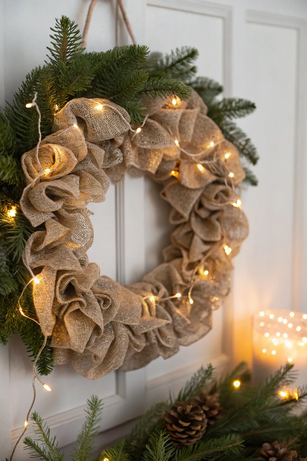 Illuminate your home with the cozy charm of a burlap and fairy light Christmas wreath.