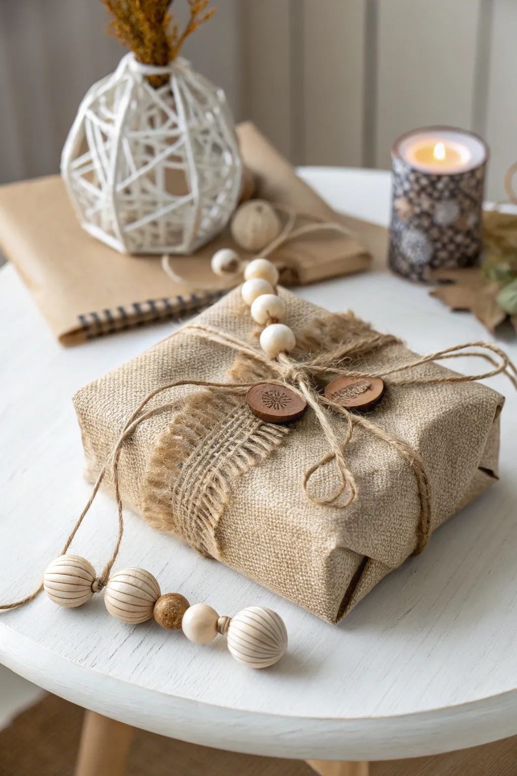 Embrace the rustic charm of burlap and wooden ornaments for a gift wrap that's both simple and stunning.