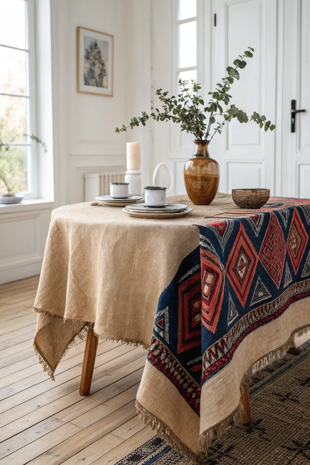 Elevate your table setting with a rustic burlap layer over bold patterns for a stunning summer dining experience.