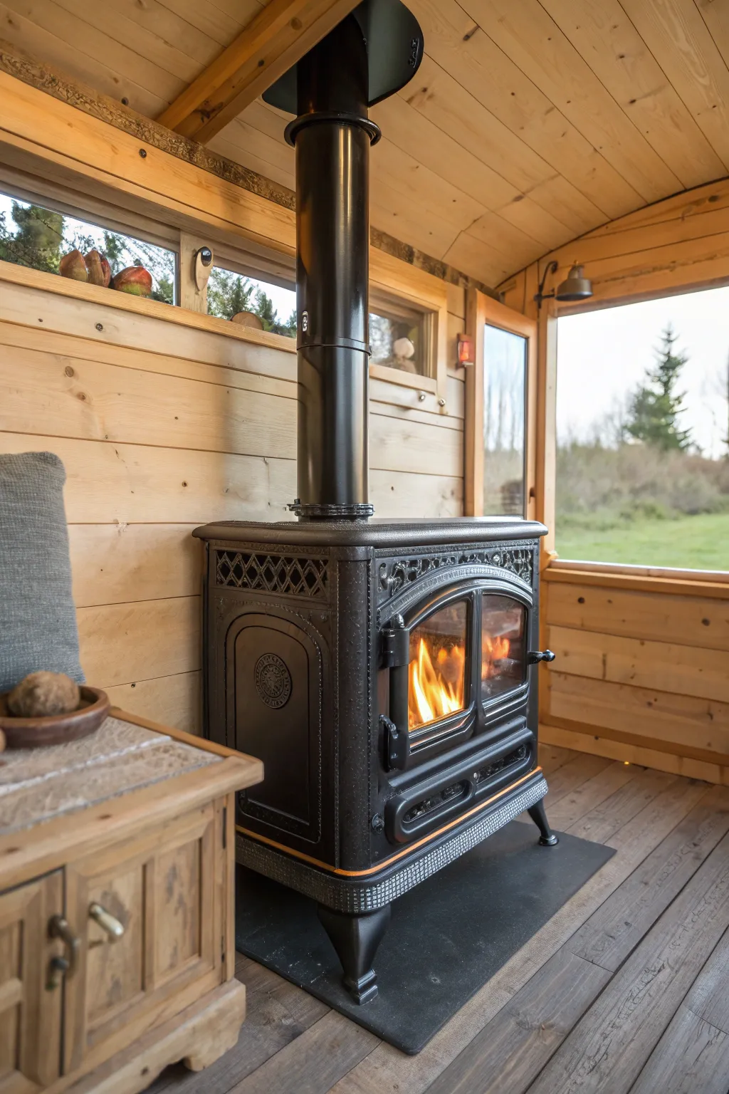 Warmth and craftsmanship: A wood-burning stove transforms a bus into a cozy haven.