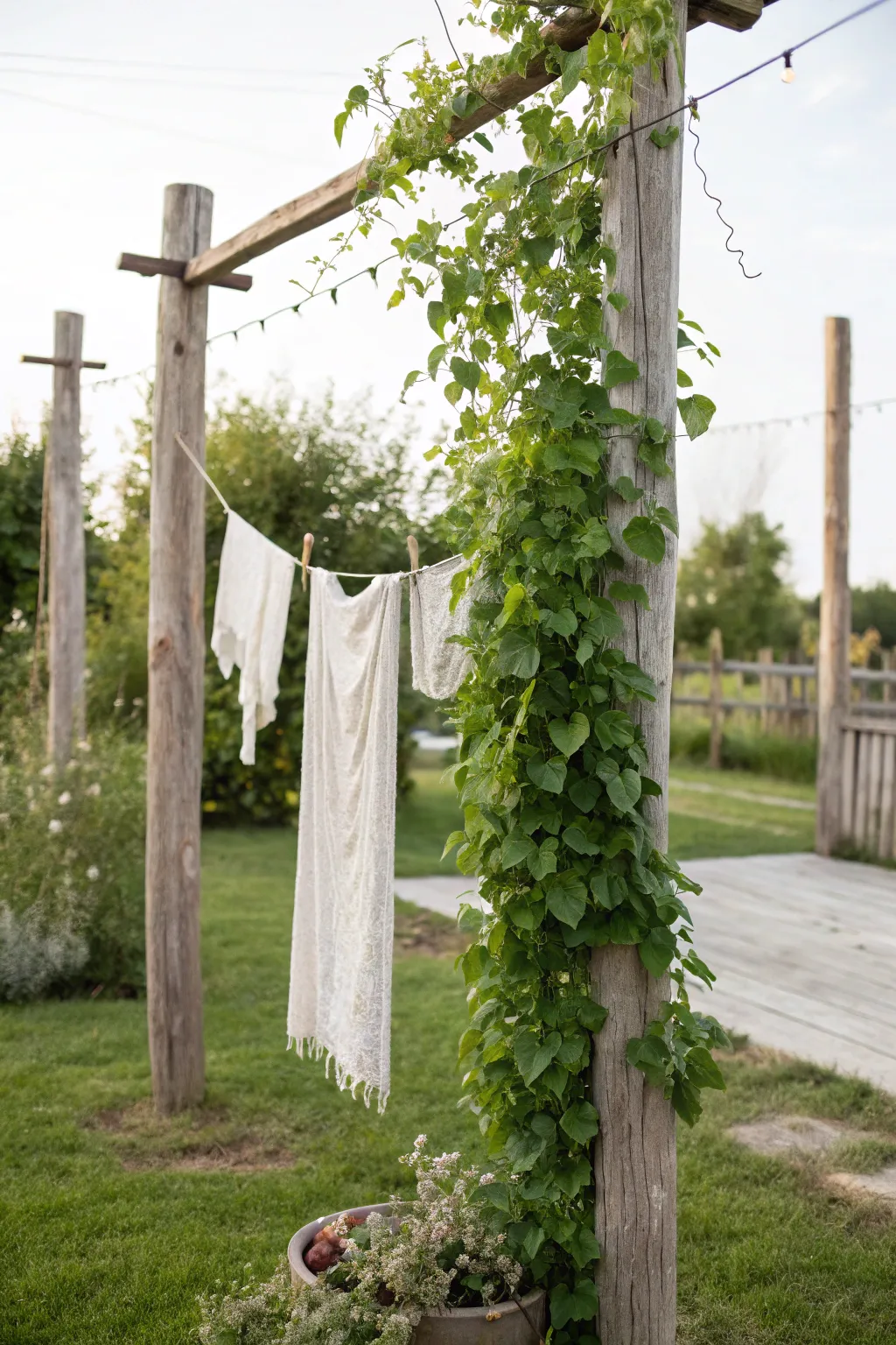 Transform an old clothesline into a stunning bush bean trellis for a touch of natural elegance.