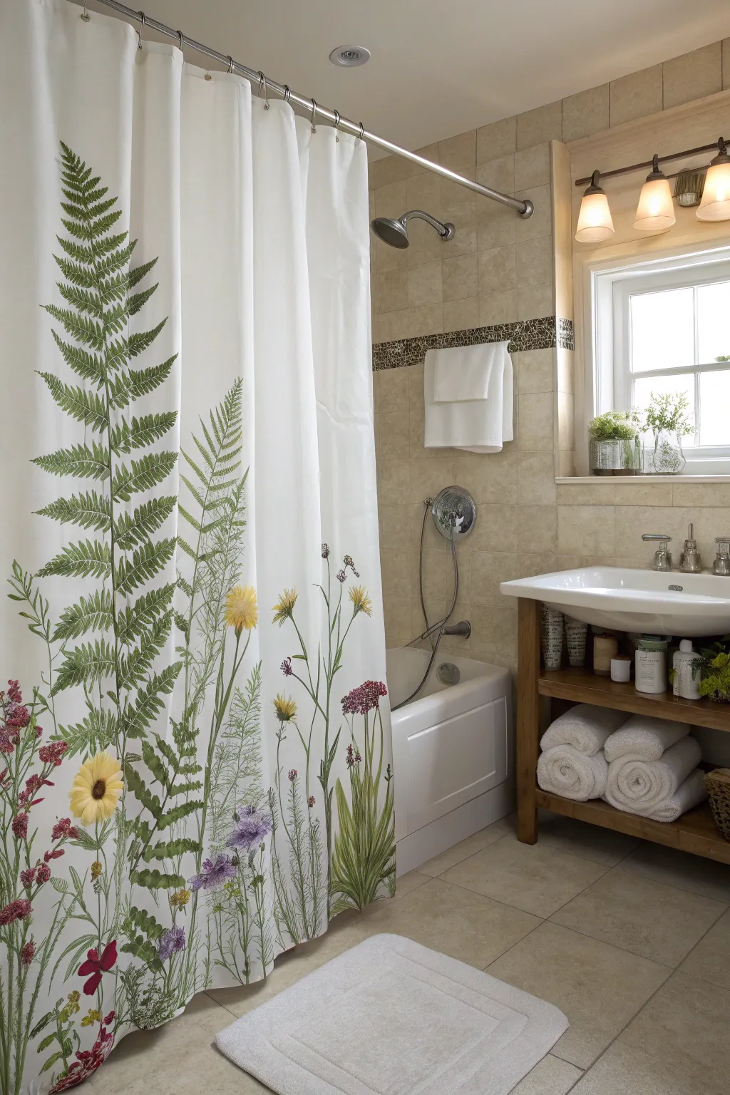 A botanical print shower curtain adding a fresh, natural vibe.